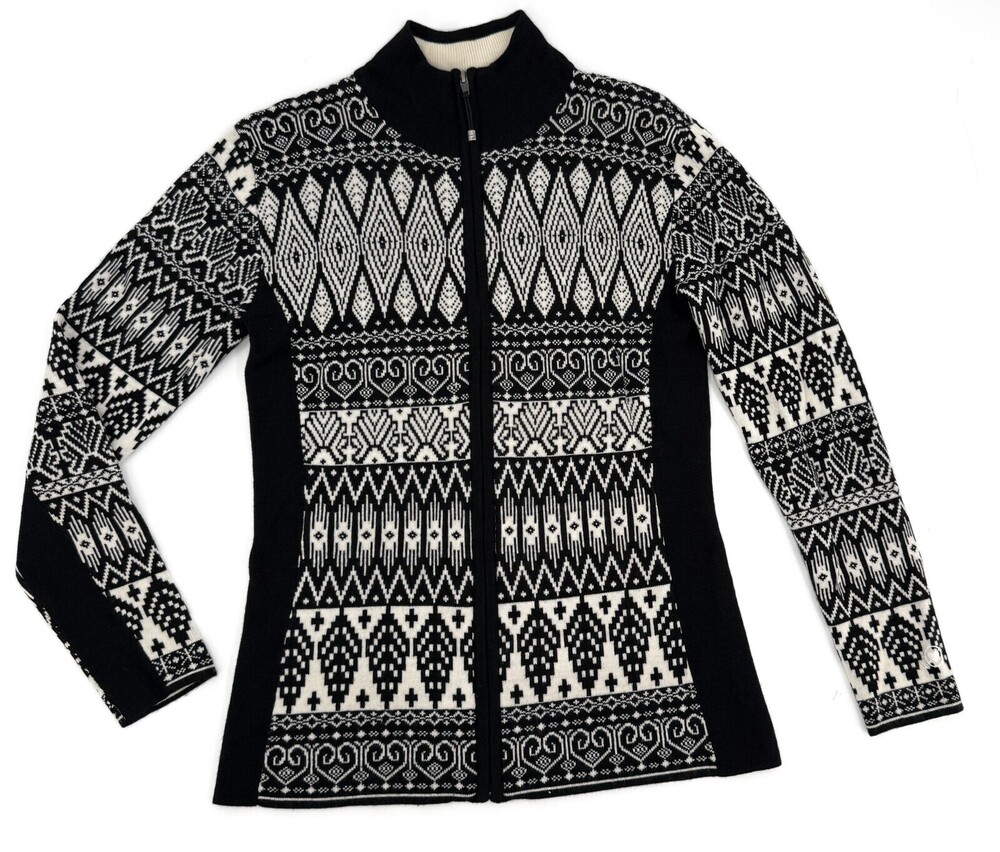 Obermeyer Sweater Womens Medium Black White Full Zip Merino Wool Blend Nordic